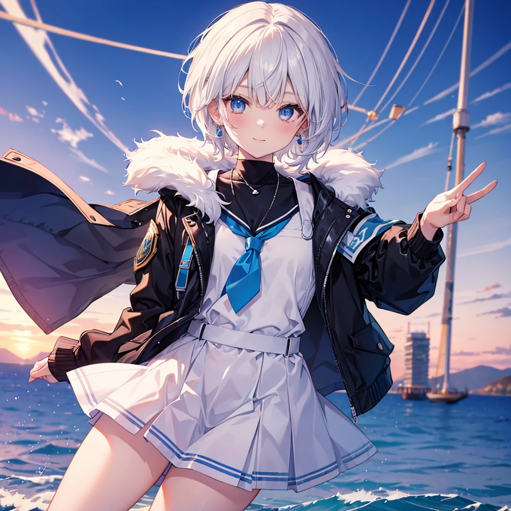 White Hair　blue eyes　short hair　Have　student　Cat ear　nice　Blue Earrings　necklace　gloves　beauty　thin　Sailor suit　Put on a black coat　Fantasy　smile　coastal　sunset　Fluffy hair