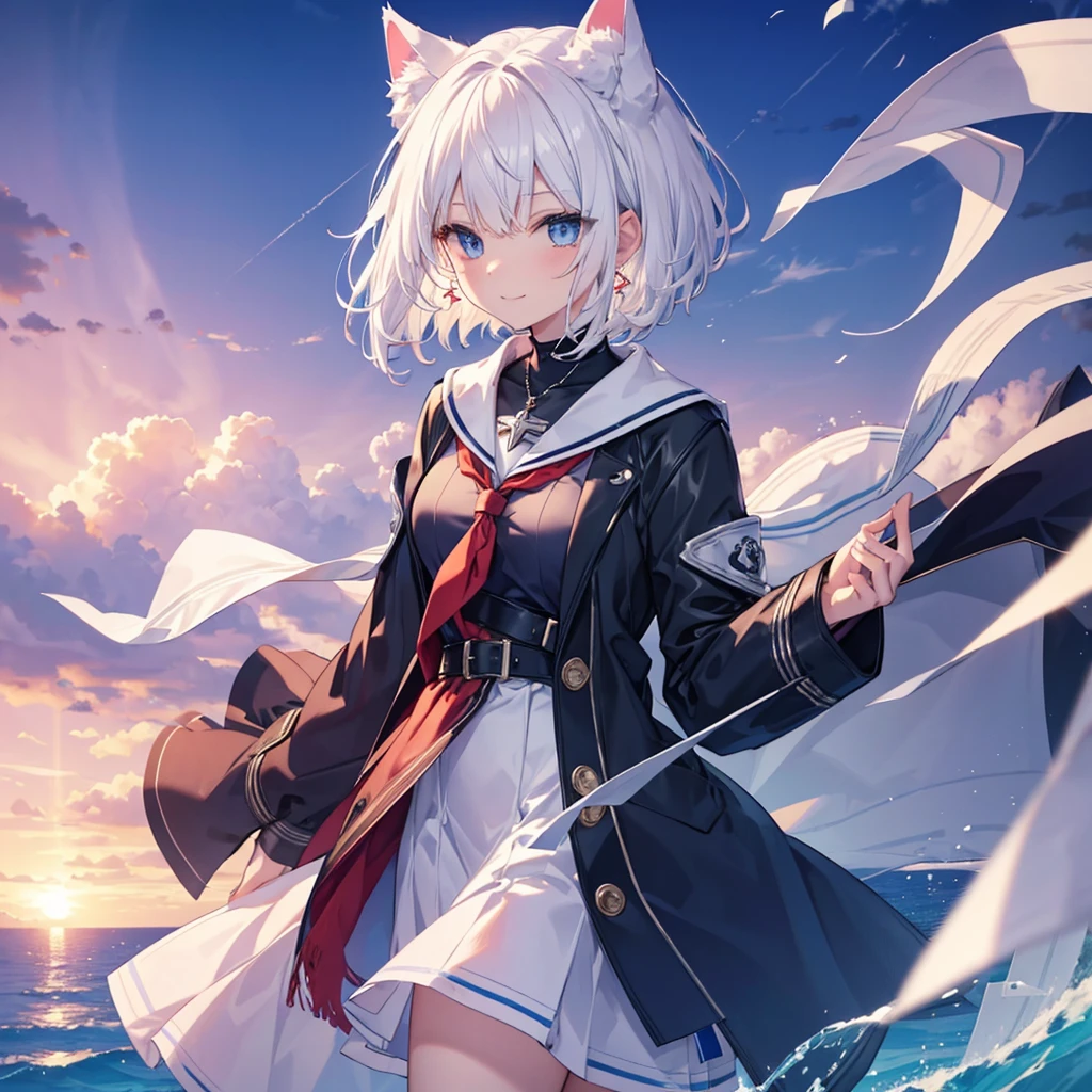 White Hair　blue eyes　short hair　Have　student　Cat ear　nice　Blue Earrings　necklace　gloves　beauty　thin　Sailor suit　Put on a black coat　Fantasy　smile　coastal　sunset　Fluffy hair