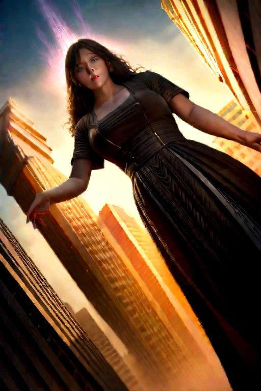 a giantess, huge woman, towering over the city, amazed facial expression, long flowing hair, glowing aura, dramatic lighting, cinematic angle, ultra-detailed, hyper-realistic, photorealistic, 8k, award winning digital art, dramatic lighting, warm color tones, volumetric lighting