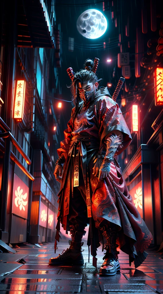 a dark and red illustration of a demon with a full moon in the background, demon samurai, demon slayer artstyle, badass anime 8 k, demon samurai warrior, with red glowing eyes, handsome guy in demon slayer art, villain wearing a red oni mask, 8k high quality detailed art, inspired by Kanō Hōgai, very beautiful cyberpunk samurai