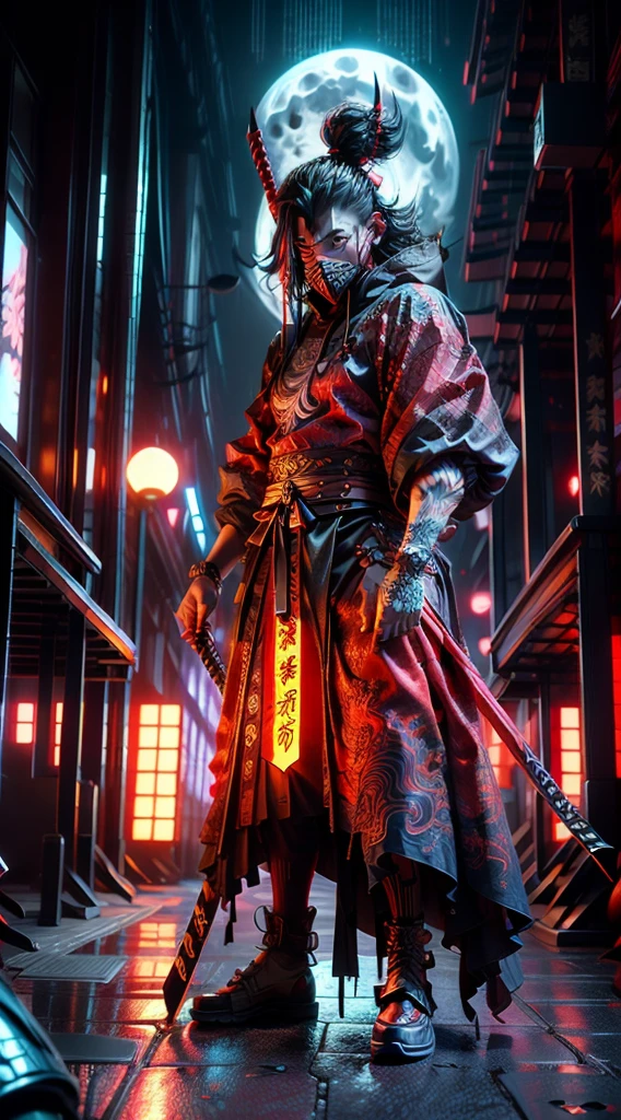 a dark and red illustration of a demon with a full moon in the background, demon samurai, demon slayer artstyle, badass anime 8 k, demon samurai warrior, with red glowing eyes, handsome guy in demon slayer art, villain wearing a red oni mask, 8k high quality detailed art, inspired by Kanō Hōgai, very beautiful cyberpunk samurai