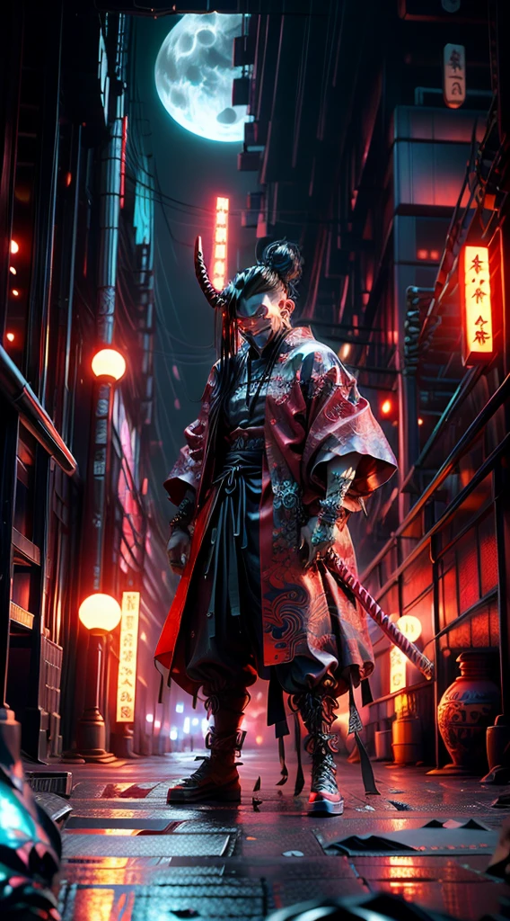 a dark and red illustration of a demon with a full moon in the background, demon samurai, demon slayer artstyle, badass anime 8 k, demon samurai warrior, with red glowing eyes, handsome guy in demon slayer art, villain wearing a red oni mask, 8k high quality detailed art, inspired by Kanō Hōgai, very beautiful cyberpunk samurai
