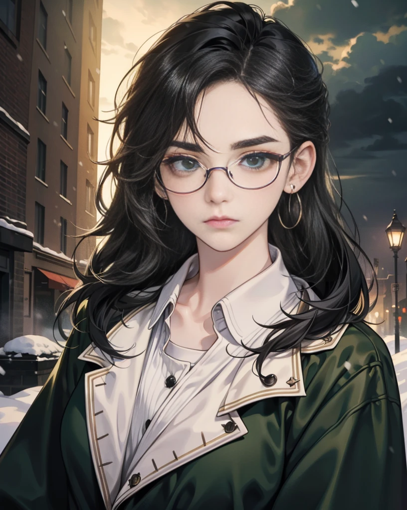Best quality, volumetric lighting, cinematic lighting, masterpiece, ultra high res, 4k, (soft round detailed face), (sad expression), (detailed green eyes), bags under eyes, thick eyebrows, depressed, melancholy, (wearing rounded glasses), (very pale light skin), detailed black hair, ((long messy greasy hair)), (plain black hoodie), black stud earrings, black nail varnish, unwashed, unkempt, disheveled, sodium streetlamps, midnight, dark clouds, London, snow