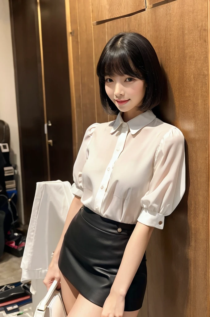 Suit, backstage at studio, talent agency manager,((full body)),((photo)),((best qualtiy, 8K, tmasterpiece:1.3)), Focus:1.2, perfect figure beautiful girl:1.4,1girl,cowboy shot,look at viewer,incredibly absurd, beautiful and cute girl with a photorealistic face, showcasing top-quality craftsmanship, Japanese woman writing work instructions in her notebook, 20 years old, shoulder-length bob cut, thick, straight black hair with bangs, shiny black hair, large eyes, round face, long eyelashes, soft smile, thin eyebrows, small nose, glossy lips, smooth skin, fair skin, fine-grained skin, tall, slender figure, well-balanced proportions, delicate limbs, small B-cup breasts, white blouse, black tight skirt, heeled pumps, watch, earrings, pretty older woman, beautiful, neat, fashionable, cheerful, positive, curious, sociable, responsible, highly trusted by those around her, October
