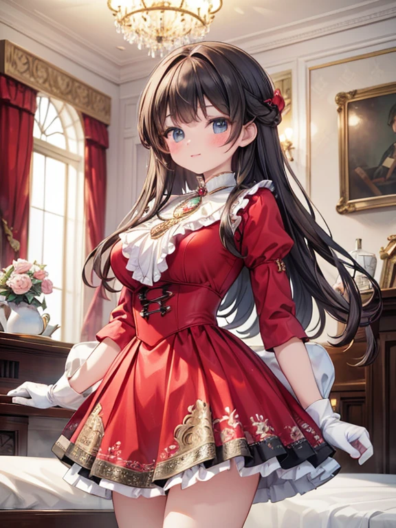 masterpiece, Highest quality, Very detailed, 16K, Ultra-high resolution, (Classicism:1.4), (Background blur:1.3), (Art Nouveau:1.3), Cowboy Shot, 15-year-old female, Perfect Fingers, Detailed face, smug face, black eye, Black Hair, Long Hair, Double vertical roll, Big Breasts, Victorian dress, (Red dress:1.5), Long skirt, necklace, brooch, White gloves, High heels, Western-style building, large room, chandelier