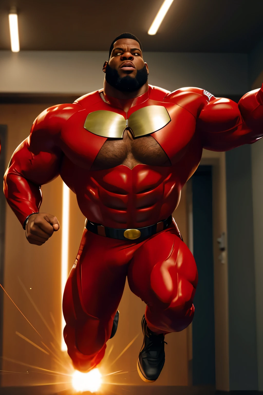 A giant huge strong Muscular African American man in a mr.incredible suit with a short buzz cut and short beard showing in Pixar style with a red suit he is grunting out of pain while Restrained in metal capsules around his hands and feet attached to neutral electric currents running around an anti gravity force field in a Secret evil layer 