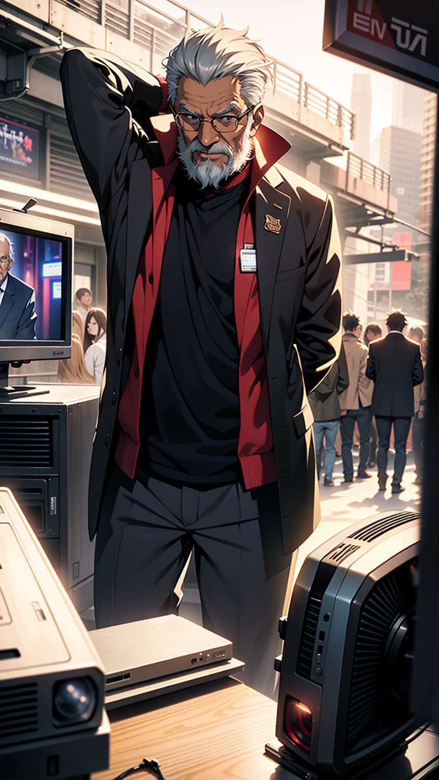 An old man,Handed me the design,Television, He is nearby, Anime handsome man, Looking at the audience, high resolution, Super sharp, 8K, masterpiece