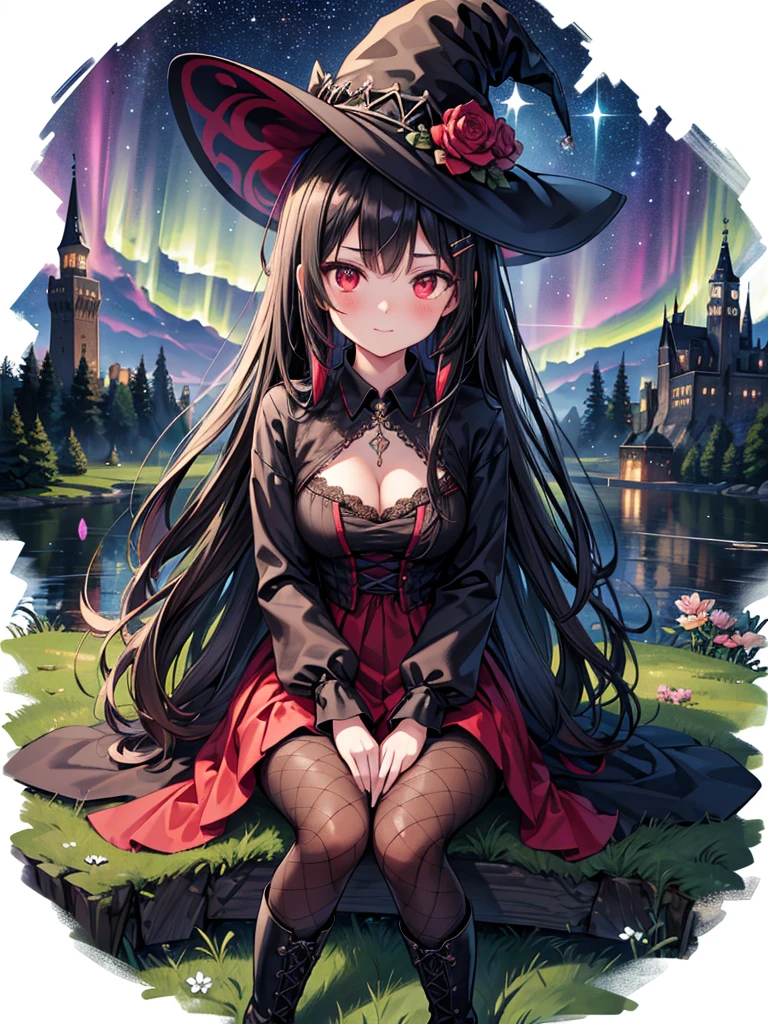 ,p4st3lg0r3,  bandaid, hair ornament, jewelry, lace,long hair, girl,solo, masterpiece, new, ai generated, perfect lighting, perfect_anatomy, better hands, more details, detailed background, best quality, canvas, painting, vibrant colors, detailed background, fierce look, sharp focus, voluminous hair, hair ornament, facing viewer,  ,crystal, eye focus, gem,sparkle,  , sitting down,  more details, 8k quality,high resolution, more detail, , standing a little further from the viewer, soft blush, sweet smile, serene look,,succubus witch, witch hat, black hair, red eyes, black laced gloves, black gothic laced dress, holding a old stuffed animal, young witch, black lace up boots, tall boots, black fishnet leggings, standing in the middle of the castle, outdoors, nighttime, stars in sky, northern lights, pond near castle, flower gardens, a white glowing aura surrounds her, red pendant, black and red ruffled headpiece
