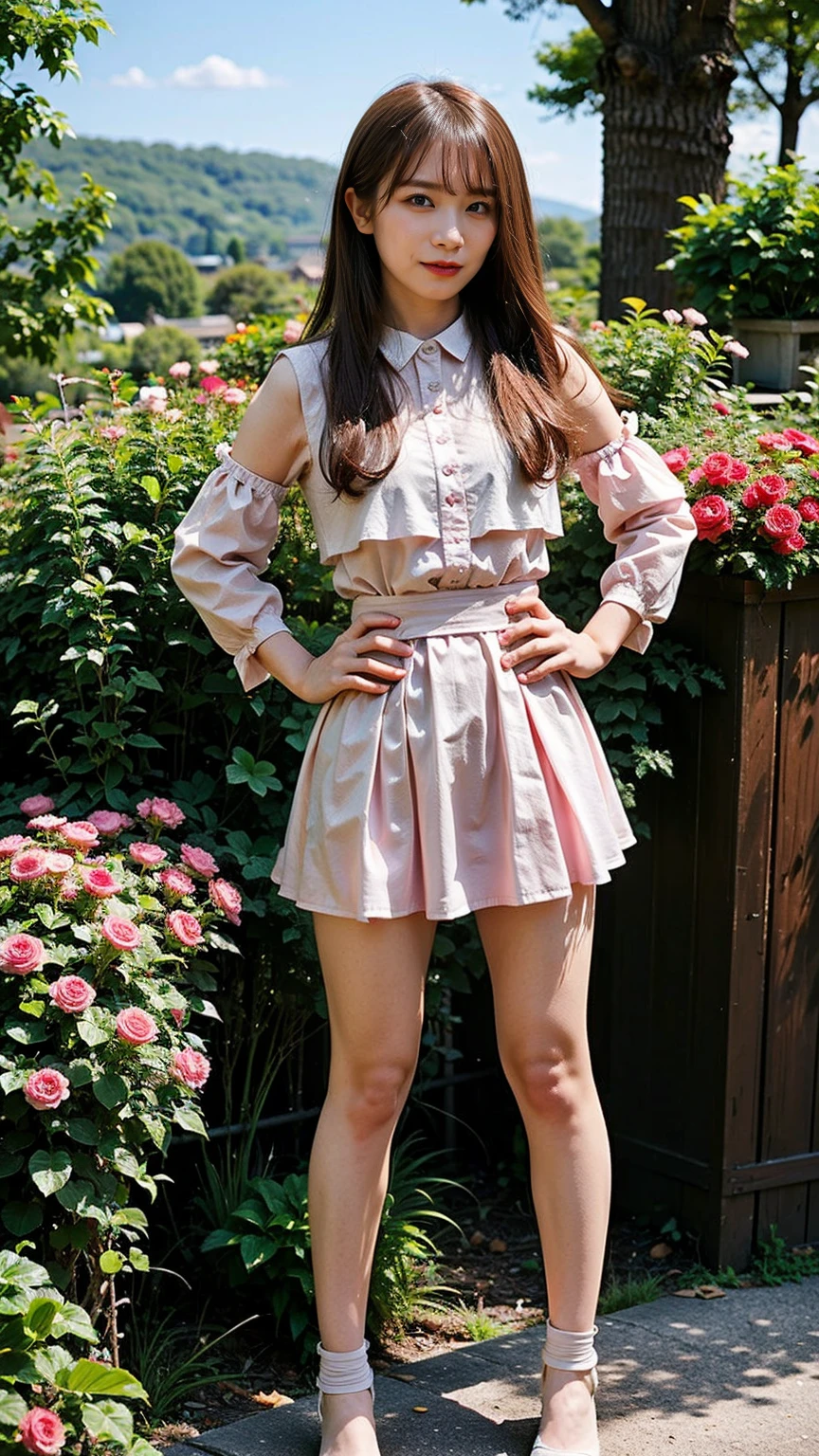(8K、RAW Photos、Highest quality、masterpiece:1.2)、(Realistic、Realistic)、1 Girl、((Pink dress、Frills、See-through、Black tights、mini skirt、boots、Chest open、whole body、garden、View from the front、Looking into the camera、Stand with one hand on your hip))、
