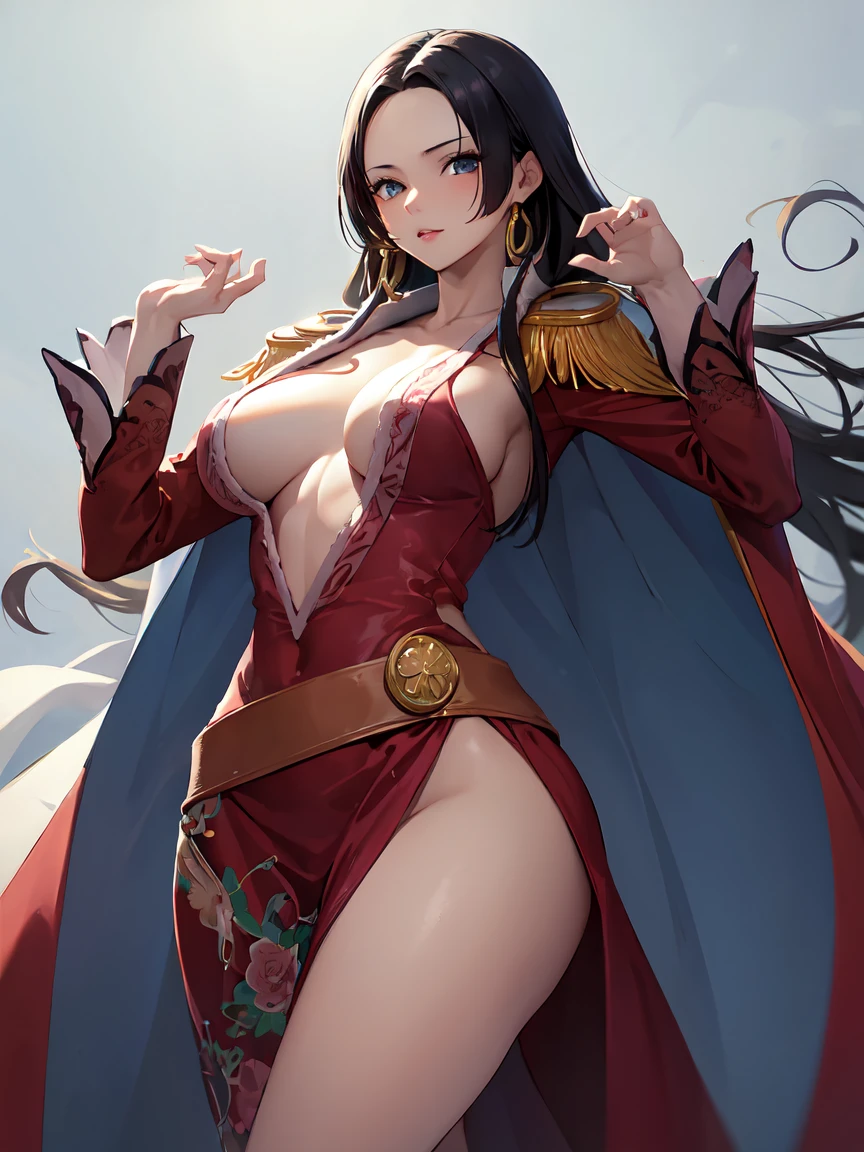 masterpiece, best quality, highres, hancock1, 1girl, boa hancock, large breasts, long hair, epaulettes, cape, side slit, cowboy shot, standing, looking at viewer, sexy pose, safe for work, (perfect hands, perfect anatomy),