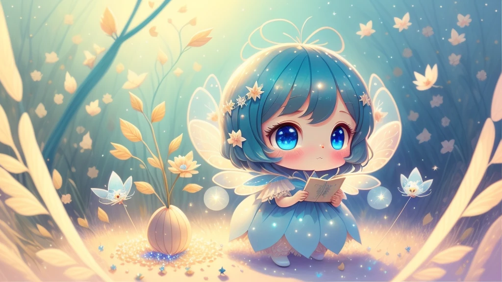 seed is 2812278634,Cutes, light colors hair, blue eyes, gossamer,illustration, A masterpiece in bright light, stunning art! The art of magic, fairy tale artwork, inspiring art, exquisite artwork high quality、masterpiece、Sparkling fairies、ダンス、バレエ