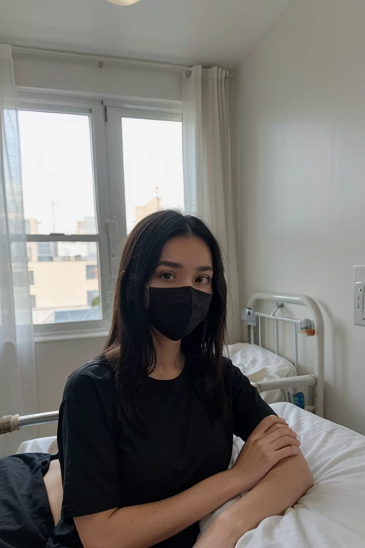 Sexy girl with long black hair, with a black shirt wrapped up and lying in a hospital with a bandaged head and a black mask