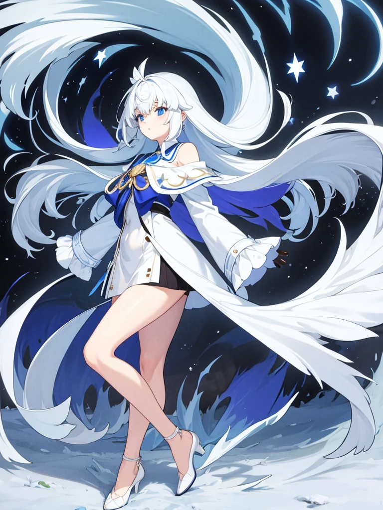 Blue Ribbon, white hair, long hair, wing hair, White wing, off the shoulder coats, white Short dress, full body, concept art, purple inner hair, star eye