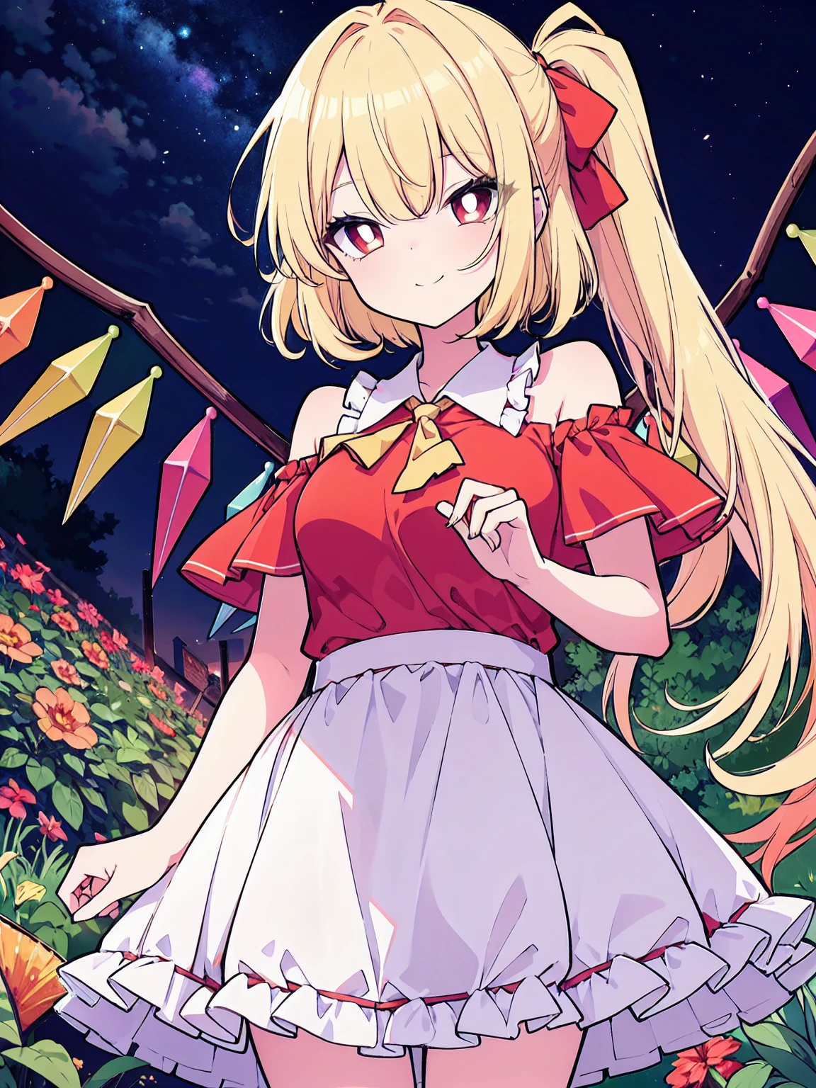 (cowboy shot), (colorful:1.1), vibrant color, (ultra-high resolution, depth of field:1.2), Touhou project, (Flandre scarlet), (1woman), in her 20s, (medium breasts:1.4), (red eyes), white pupils, (blonde hair), ponytail, (bangs), red ribbon, (white sundress:1.4), frills, off shoulder, long skirt, seductive smile, (grinning), squinting eyes, garden scenery, night