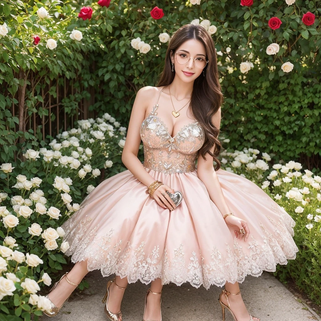 A very beautiful and stylish Iranian lady in a lace dress with a rose design, with long light brown hair, beautiful glasses and shiny brown high-heeled women's high-heeled shoes, with a charming smile, light pink nail polish, a heart-shaped necklace and a golden bracelet, in a garden of Beautiful roses, holding a shiny metal heart with a combination of gold and silver colors and a shiny wreath, that shine in the sunlight.