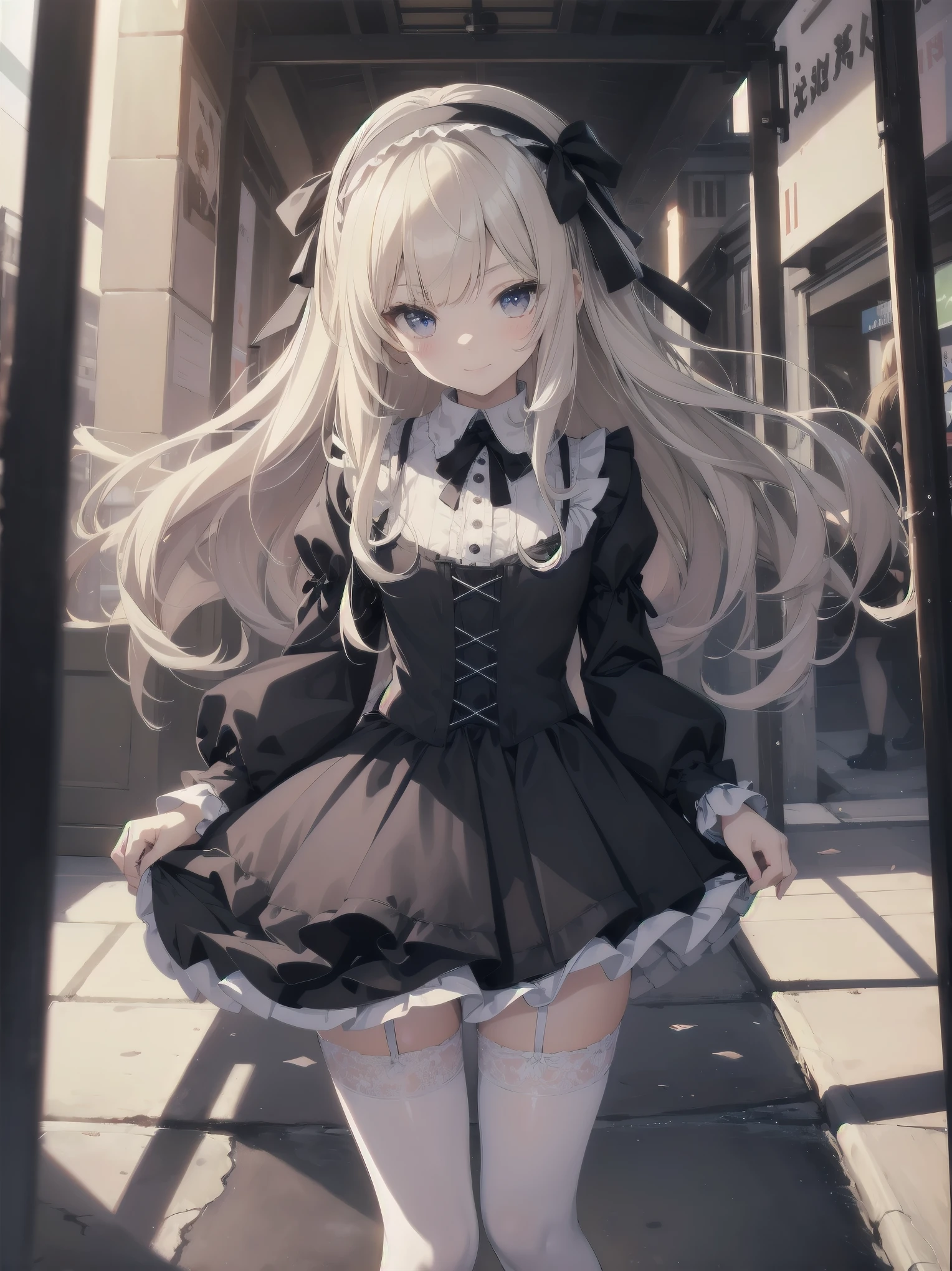 Masterpiece, Details, Solo, 1 Girl, Middle School Girl, Slender, , Fluffy Girlishly Cute and Stylish Attire, Fururu, Lace, Gothic Lolita Dress, Hair Ribbon, Smile, Black Tights, Cute Underwear, Stylish Hair, Big Eyes, Full Lips, White Catsuit, Princess Shoes, Beauty Legs, hair ribbon, hair band, pleated skirt, stirring motion, staring at you on date, sharp focus, perfect face, detailed face and eyes, dynamic, lively, shadows, colorful, mysterious, movie lighting, cute pose for model shoot
