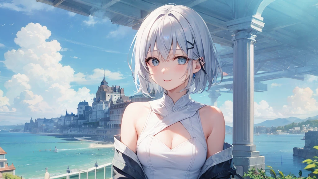 Her eyes were shining、Mysterious and enchanting atmosphere。With AI Painting、とてもShort Hair, Long bangs between the eyes, Very detailed,(masterpiece、Highest quality)、alone、Gray Hair、Fantasy, Silver Hair, Fantasyな風景、White shirt、smile、Open your mouth、Scarf、short hair、Short Hair、hairpin、black eye、Grey Eyes、Beautiful Eyes