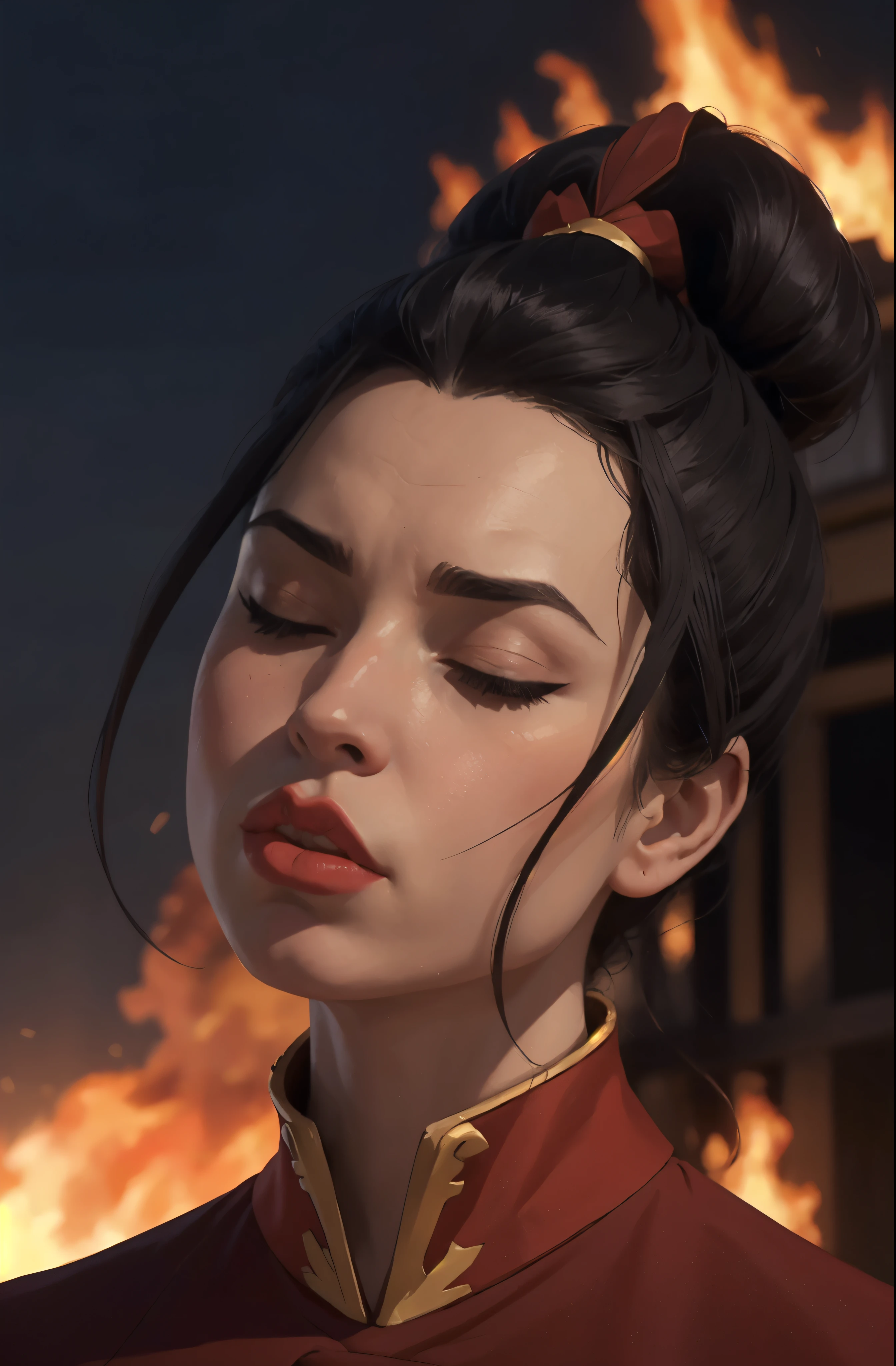 azula, topknot, black hair, ponytail, leaning in, kissing the viewer, pouting lips, half closed eyes, downshot dynamic portrait angle, foreshortened, cinematic, high quality, masterpiece, (((red royal outfit))), realistic skin, realistic hair, blushing, fire background, night at the beach,