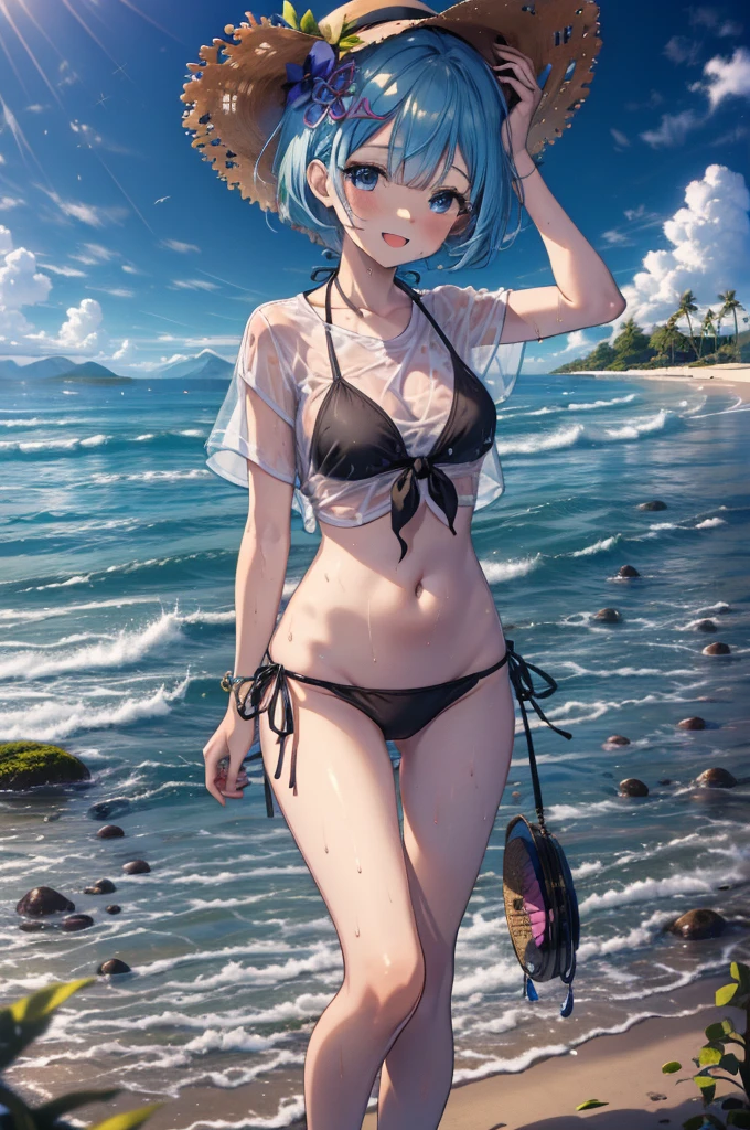 rezeroRem, Rem, blue eyes, Blue Hair, hair ornaments, Hair on one eye, Hair Ribbon, short hair, x hair ornaments,Straw hat,,happy smile, smile, Open your mouth,blush,See-through red shirt,Bikini under clothes,barefoot,barefoot,Wet clothes,Wet Skin,walking,whole bodyがイラストに入るように,
break outdoors, Beach,Sandy Beach,
break looking at viewer, whole body,
break (masterpiece:1.2), Highest quality, High resolution, unity 8k wallpaper, (shape:0.8), (Beautiful attention to detail:1.6), extRemely detailed face, Perfect lighting, extRemely detailed CG, (Perfect hands, Perfect Anatomy),