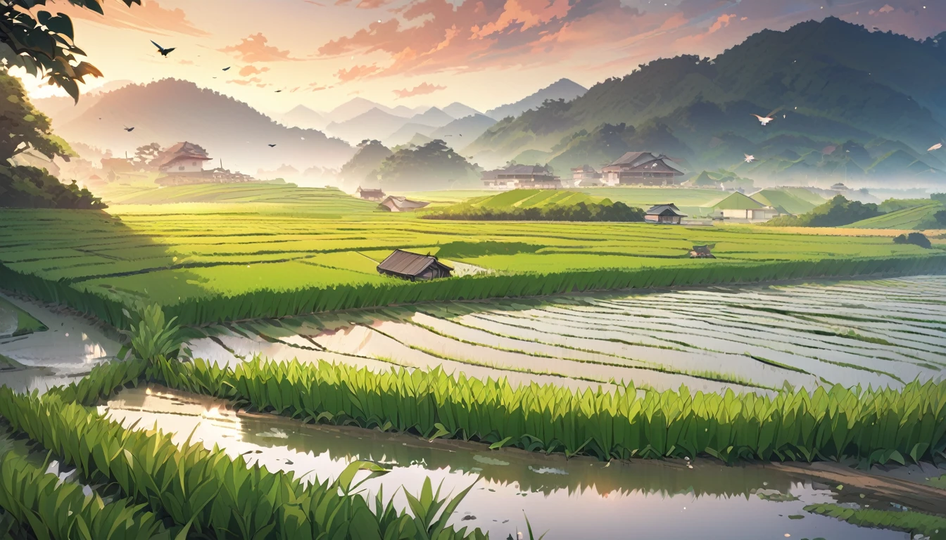 Beautiful countryside like a real photo。There are also rice fields and cicadas chirping.