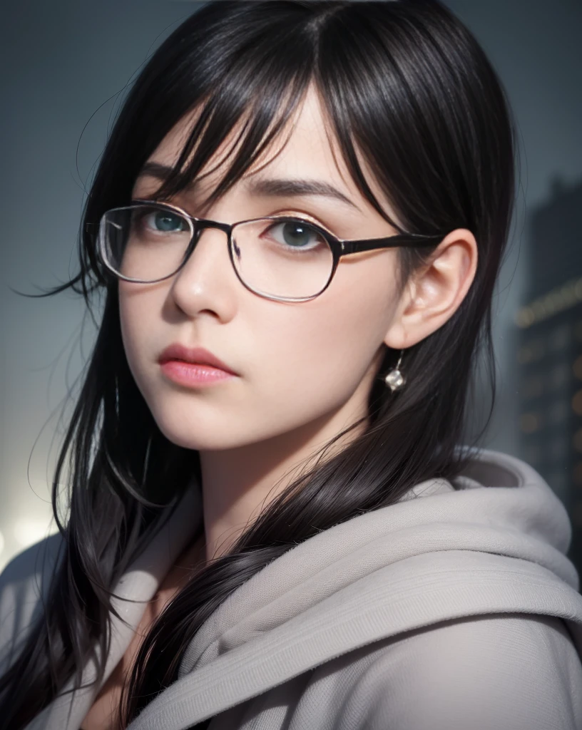 Best quality, volumetric lighting, cinematic lighting, masterpiece, ultra high res, 4k, (soft round detailed face), (sad expression), (detailed green eyes), bags under eyes, thick eyebrows, depressed, melancholy, (wearing rounded glasses), (very pale light skin), detailed black hair, ((long messy greasy hair)), (plain black hoodie), black stud earrings, black nail varnish, unwashed, unkempt, disheveled, sodium streetlamps, midnight, dark clouds, London, snow