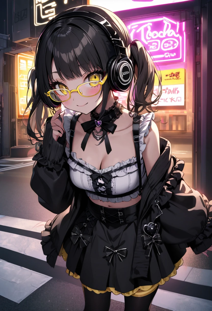girl, solo, very short black twintails hair, (((yellow underrim glasses:1.3))), (headphones:1.2), blush, smile, standing on the road, perfect anatomy, in the urban area, tokyo (city), at night, neon lights on the background, eyelashes, clavicle, cleavage, midriff, wearing the jirai-kei pink fashion, black leggings, black boots, high-detailed skin,jirai kei, black skirt, 