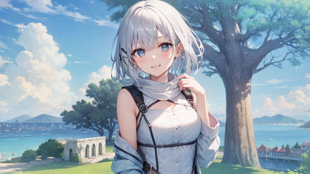 Her eyes were shining、Mysterious and enchanting atmosphere。With AI Painting、とてもShort Hair, Long bangs between the eyes, Very detailed,(masterpiece、Highest quality)、alone、Gray Hair、Fantasy, Silver Hair, Fantasyな風景、White shirt、smile、Open your mouth、Scarf、short hair、Short Hair、hairpin、black eye、Grey Eyes、Beautiful Eyes