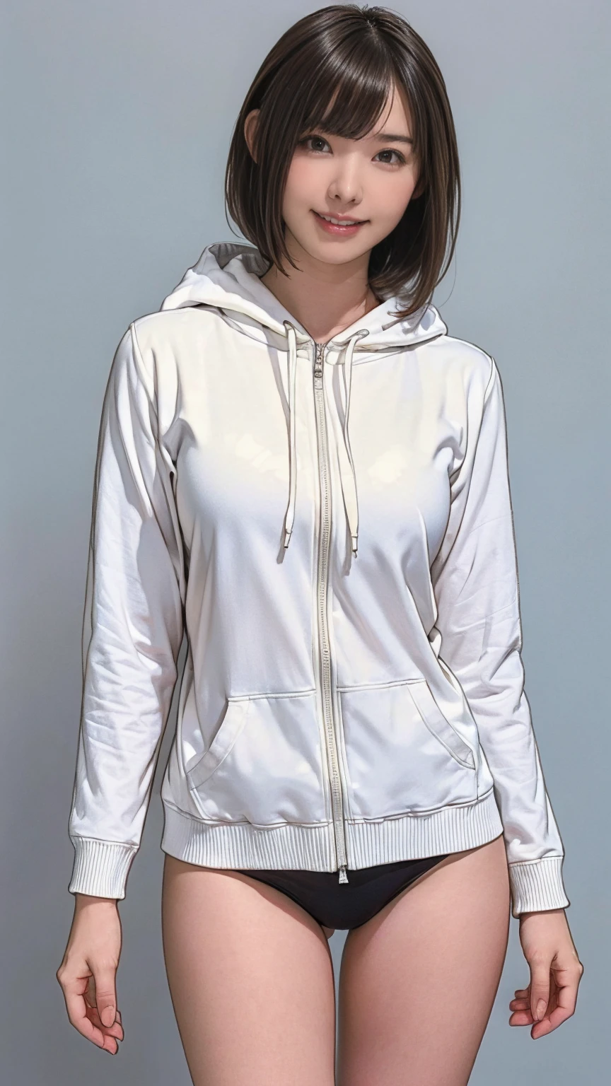 ((masterpiece)),(((Highest quality))),((Character design sheet)), Thin thighs,Long legs,18 year old Japanese girl, Cute type,The best smile:1.5,White long hoodie:1.5, A glimpse of black panties:1.5,Very short hair , (Highly detailed skin), The background is gray,