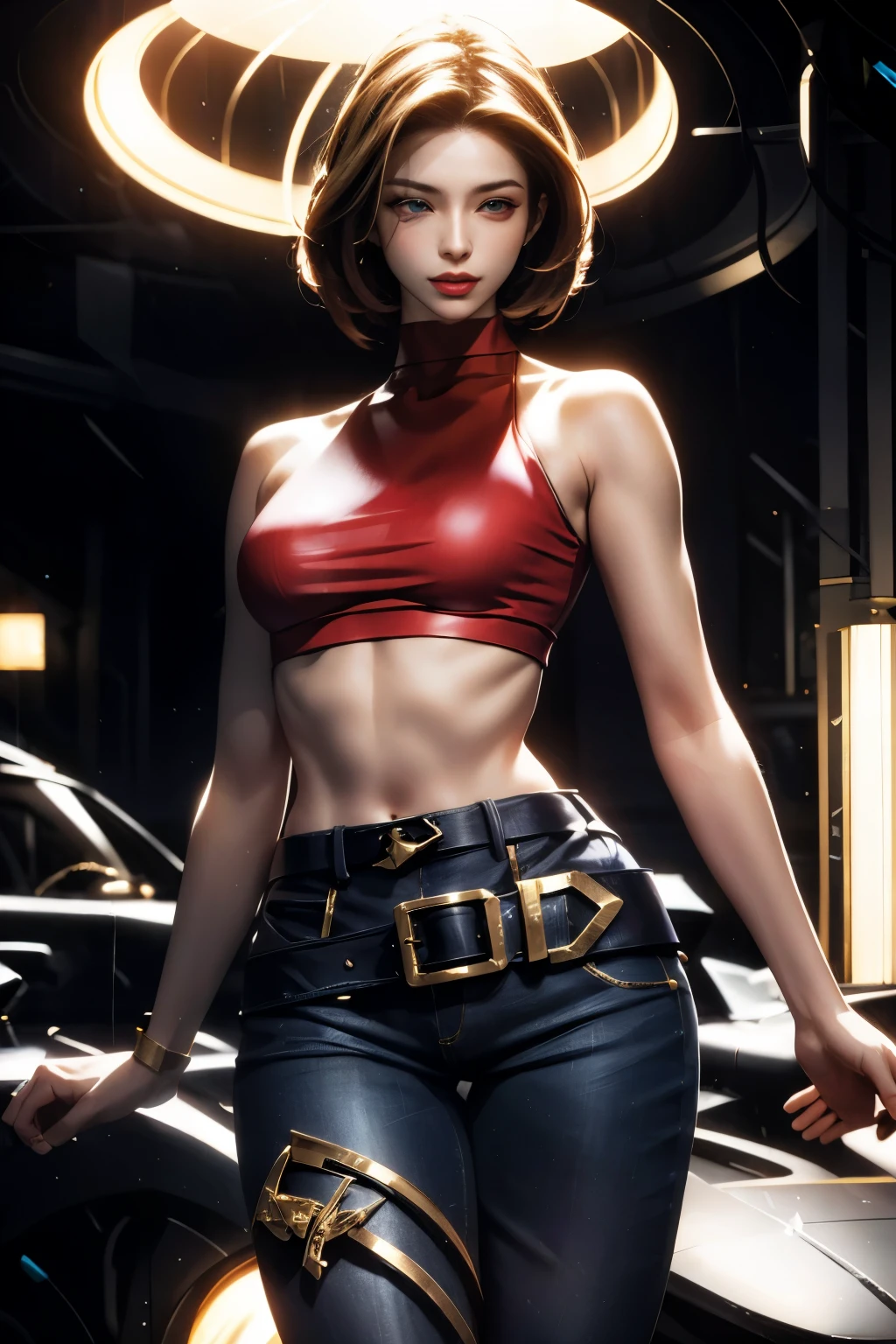 An ultra-realistic quality FF character, reminiscent of a masterpiece, is meticulously detailed with exquisite textures and lifelike features. She is depicted in a futuristic setting, dressed in a sleek, form-fitting Japanese-inspired outfit, adorned with lights on her armor and cybernetic headwear. Her exposed midriff, highlighting her slender yet muscular physique, is further emphasized by the dynamic poses she assumes. The environment is immersed in the vibrant, futuristic lighting of scientific fiction, enhanced by the use of advanced techniques such as HDR, Ray Tracing, NVIDIA RTX, Hyper-Res