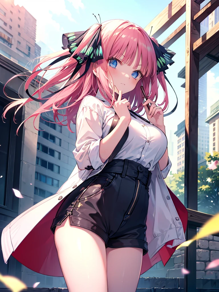 (8K, Highest quality, Highest quality, masterpiece), nn1, 1girl, hair ribbon, long hair, serious, short shorts, big breasts