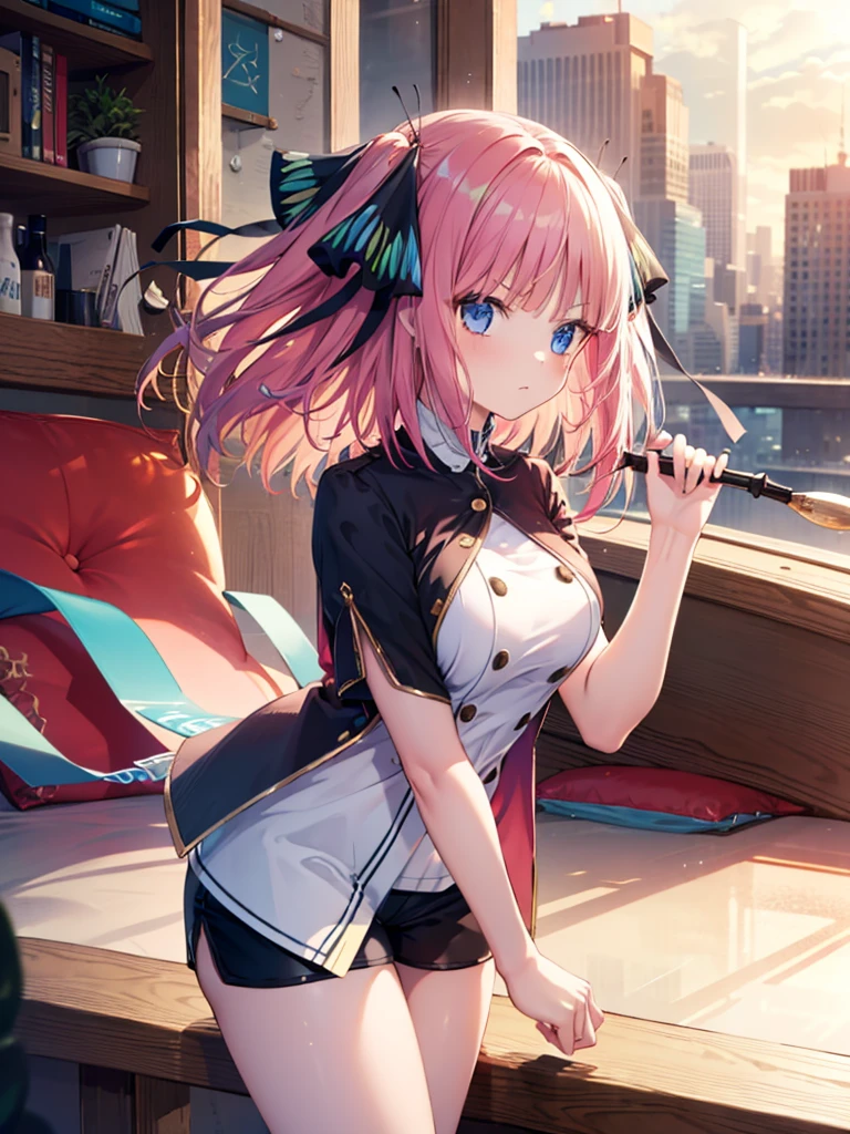 (8K, Highest quality, Highest quality, masterpiece), nn1, 1girl, hair ribbon, long hair, serious, short shorts, big breasts