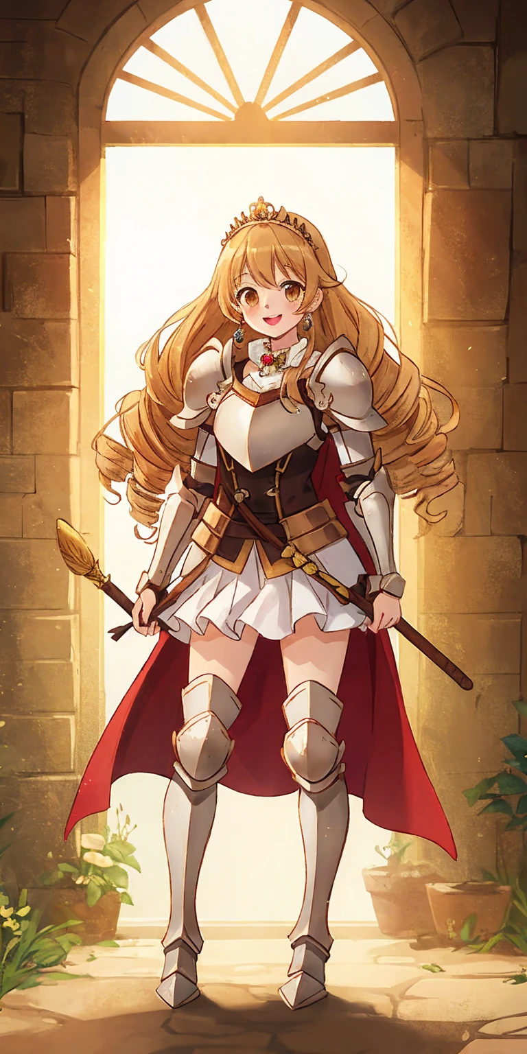 Full body Bozes 1chicasolo, long_Hair, rubio_Hair, Brown_eyes, jewelry, superior_body, lipstick, pindiintes, layer, armor, Drill_Hair, tiara, corona, shoulder_armor, red gauntlets, shoulder pads, breastpline, Style_parody, female knight, golden curls, cheered up_Colorant, looking_in_viewer