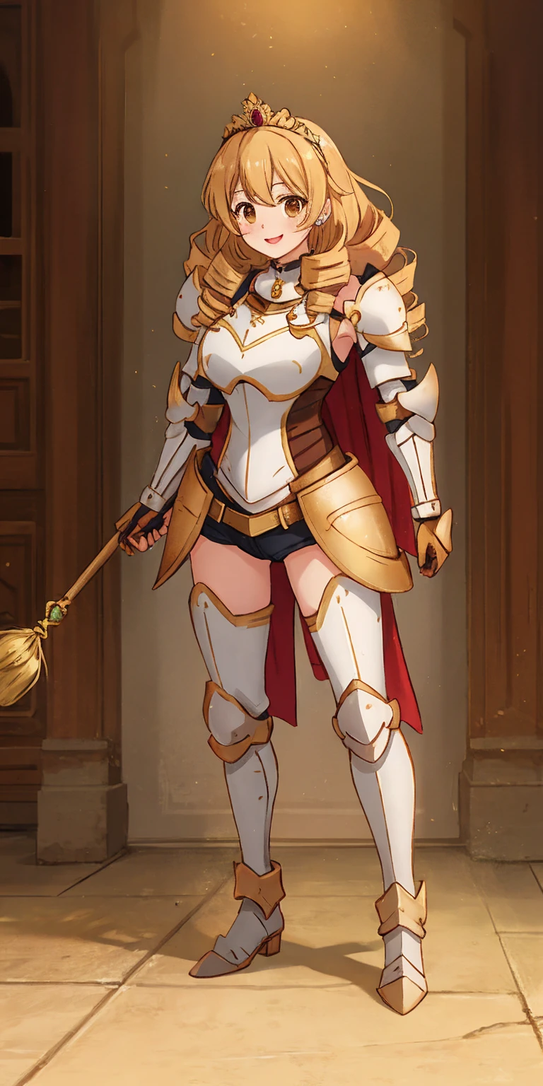 Full body Bozes 1chicasolo, long_Hair, rubio_Hair, Brown_eyes, jewelry, superior_body, lipstick, pindiintes, layer, armor, Drill_Hair, tiara, corona, shoulder_armor, red gauntlets, shoulder pads, breastpline, Style_parody, female knight, golden curls, cheered up_Colorant, looking_in_viewer