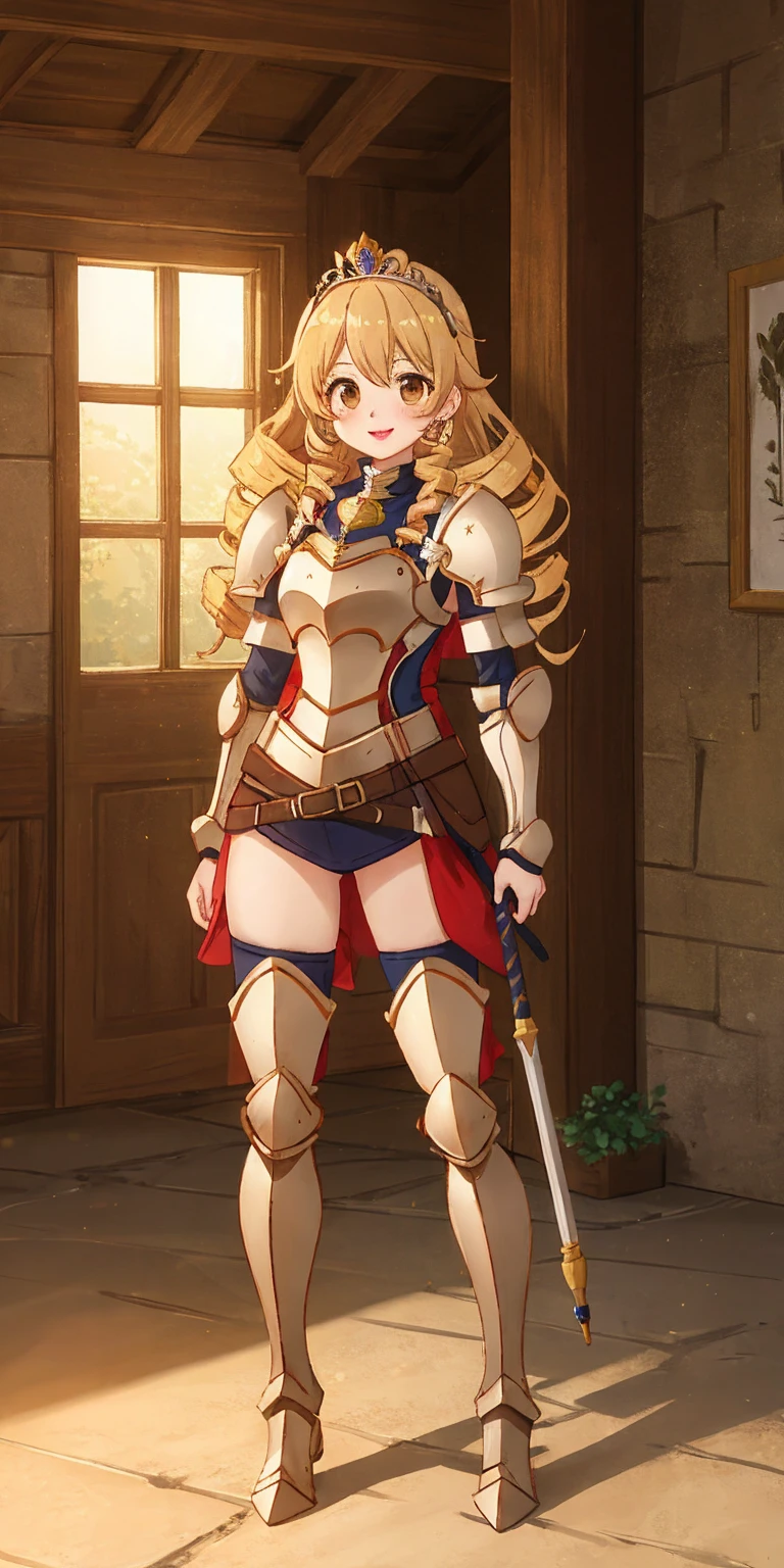 Full body Bozes 1chicasolo, long_Hair, rubio_Hair, Brown_eyes, jewelry, superior_body, lipstick, pindiintes, layer, armor, Drill_Hair, tiara, corona, shoulder_armor, red gauntlets, shoulder pads, breastpline, Style_parody, female knight, golden curls, cheered up_Colorant, looking_in_viewer