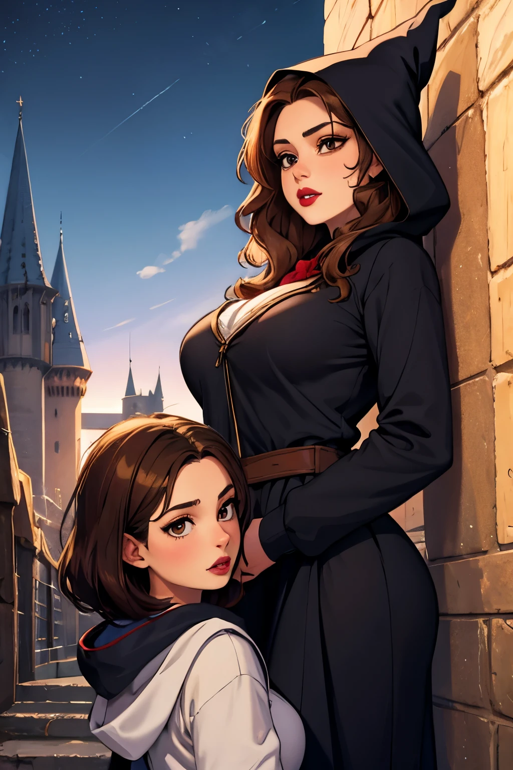 young girl, teenager ((16 years)), witch, bruja, hufflepuff, yellow clotes, hood, capucha, hogwarts al fondo, hogwarts, noche, night, muy detallado, Realistic long-term photography., 4k, pelo largo, brown hair, By the chestnut, labios rojos,red lips, brown eyes, big breasts, pechos grandes,
