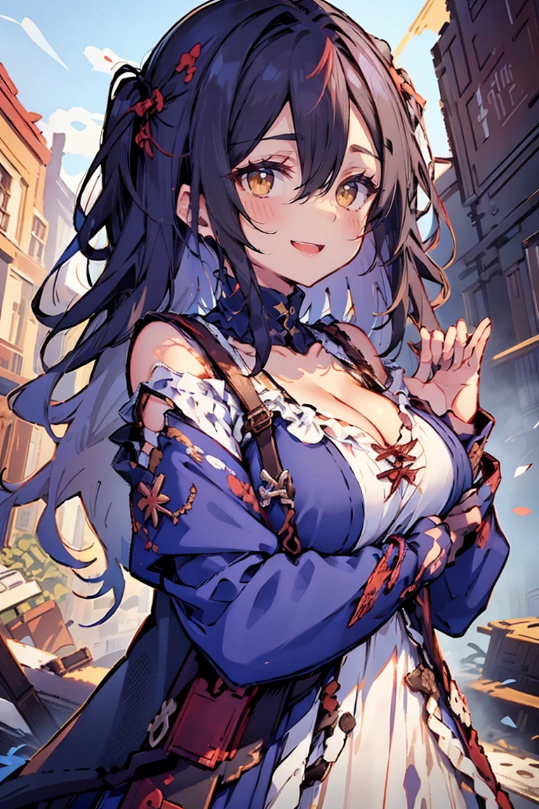 (masterpiece:1.2), (high quality:1.2), (hui xiyi:0.75), rekkyo sensen, rekkyou sensen, girls with((black hair, (tits cleavage:1.15), (waving is hands:1.2), (breasts close up:1.15), (suspenders:1.2), (dress:0.65), (blue clothes:1.05), (belts:0.7), (frills shirt:1.2), (white knit sweater:1.2), camisole, exposed breasts, straps, (cross:1.05), upper body, (tattered dress:1.55), (long wavy hair:1.2), (one side up:1.2), nun, long sleeves, (perfect hands:1.05), (five fingers:1.05))), background with((fantasy world, ruin, castle, beautiful sky, shining sky, sunshine))