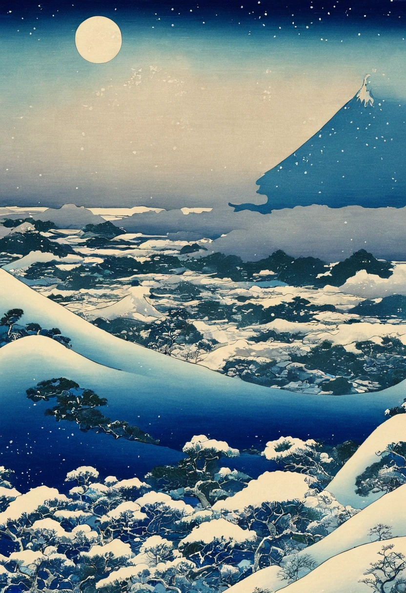 snowy night sky、Ukiyo-e