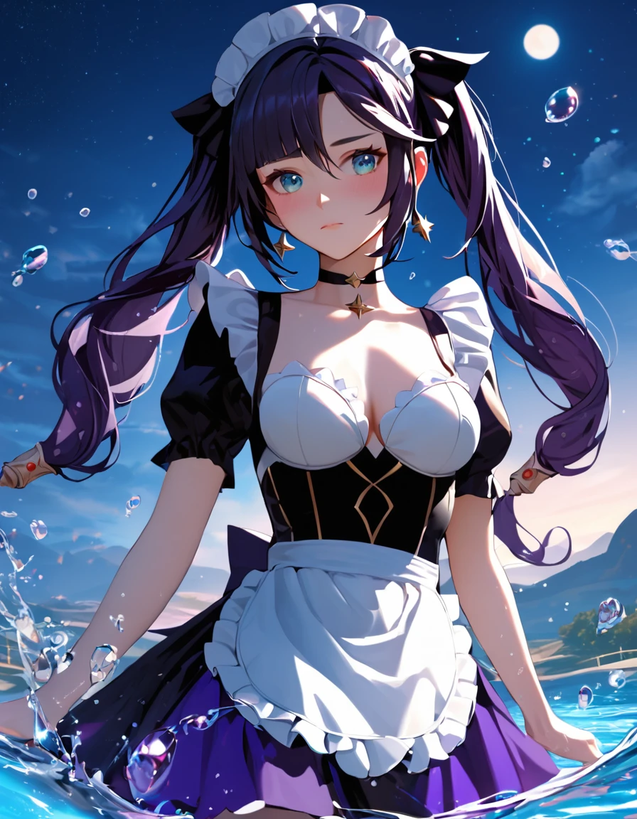 score_9, score_8_up, score_7_up, girl, looking at the sky, solo, Mona (Genshin Impact), choker, hair between eyes, star (symbol), long hair, dark purple hair, twintails, blue eyes, shining eyes, jewelry, witch, maid, bangs, purple black dress, purple skirt, landscape, night sky, star (sky), night, outdoor, water magic, water droplets, splash, expressionless, blush, embarrassed, masterpiece, best quality, highres, 1080P, HD, 4K, 8k, 16k