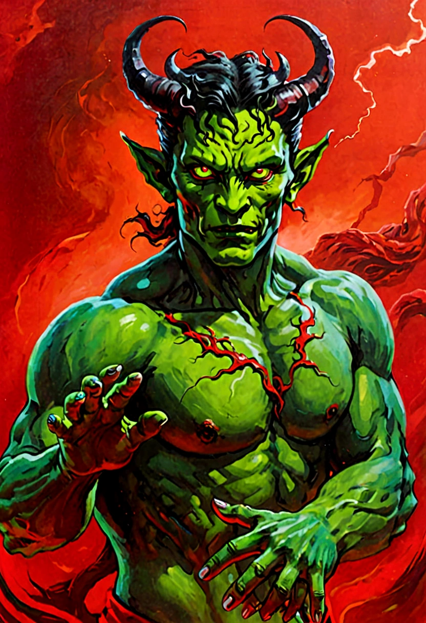 Demon in red background with bright greenish skin and long red eyes moved by hurricane wind with outstretched hand with airbrush