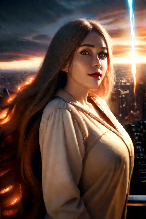 a giantess, huge woman, towering over the city, amazed facial expression, long flowing hair, glowing aura, dramatic lighting, cinematic angle, ultra-detailed, hyper-realistic, photorealistic, 8k, award winning digital art, dramatic lighting, warm color tones, volumetric lighting