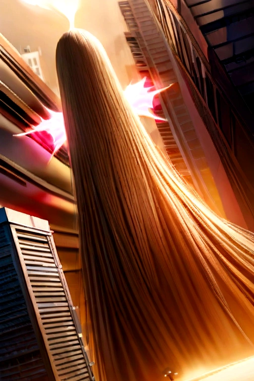 a giantess, huge woman, towering over the city, amazed facial expression, long flowing hair, glowing aura, dramatic lighting, cinematic angle, ultra-detailed, hyper-realistic, photorealistic, 8k, award winning digital art, dramatic lighting, warm color tones, volumetric lighting