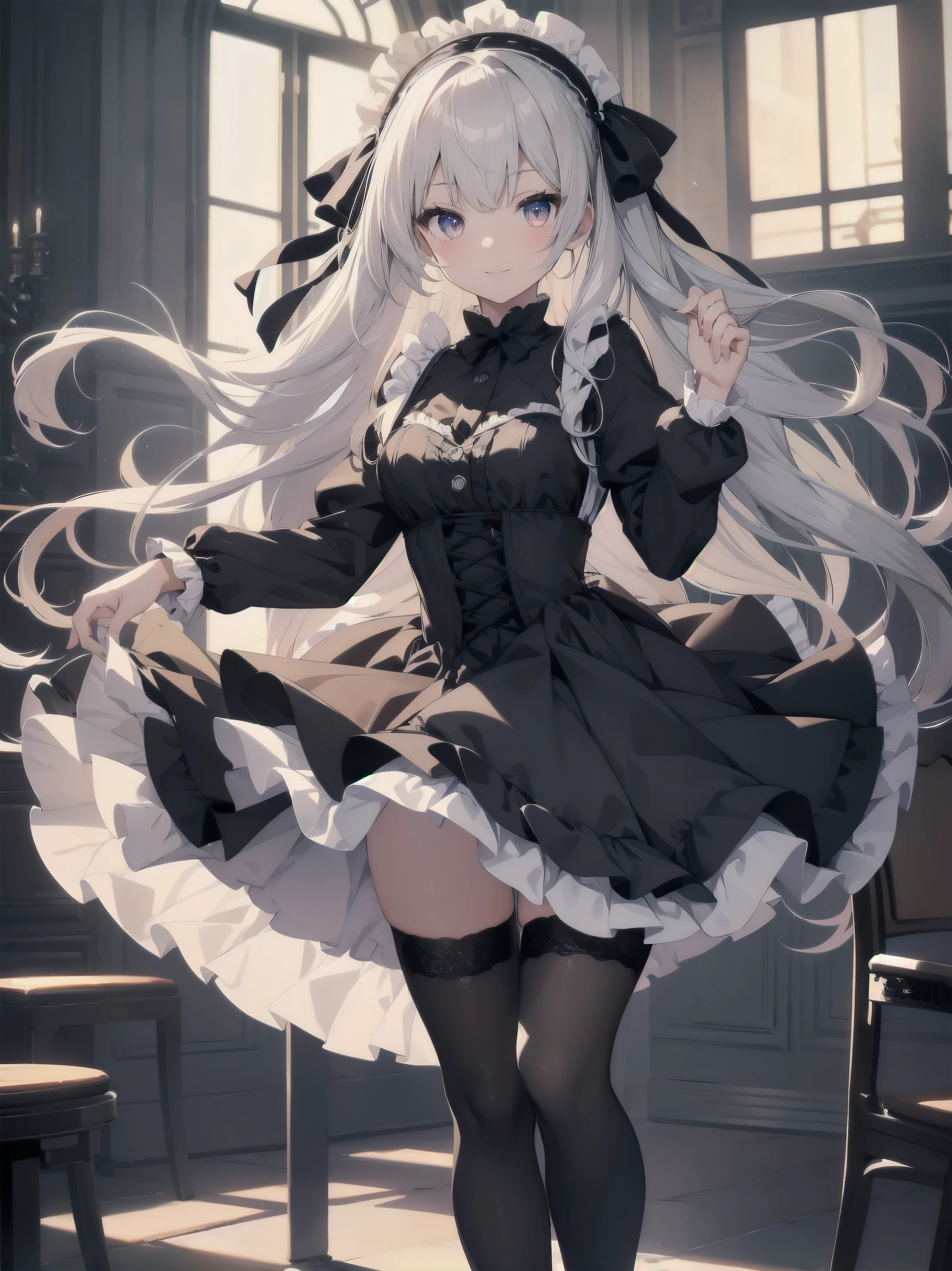 Masterpiece, Details, Solo, 1 Girl, Middle School Girl, Slender, , Fluffy Girlishly Cute and Stylish Attire, Fururu, Lace, Gothic ta Dress, Hair Ribbon, Smile, Black Tights, Cute Underwear, Stylish Hair, Big Eyes, Full Lips, White Catsuit, Princess Shoes, Beauty Legs, hair ribbon, hair band, pleated skirt, stirring motion, staring at you on date, sharp focus, perfect face, detailed face and eyes, dynamic, lively, shadows, colorful, mysterious, movie lighting, cute pose for model shoot
