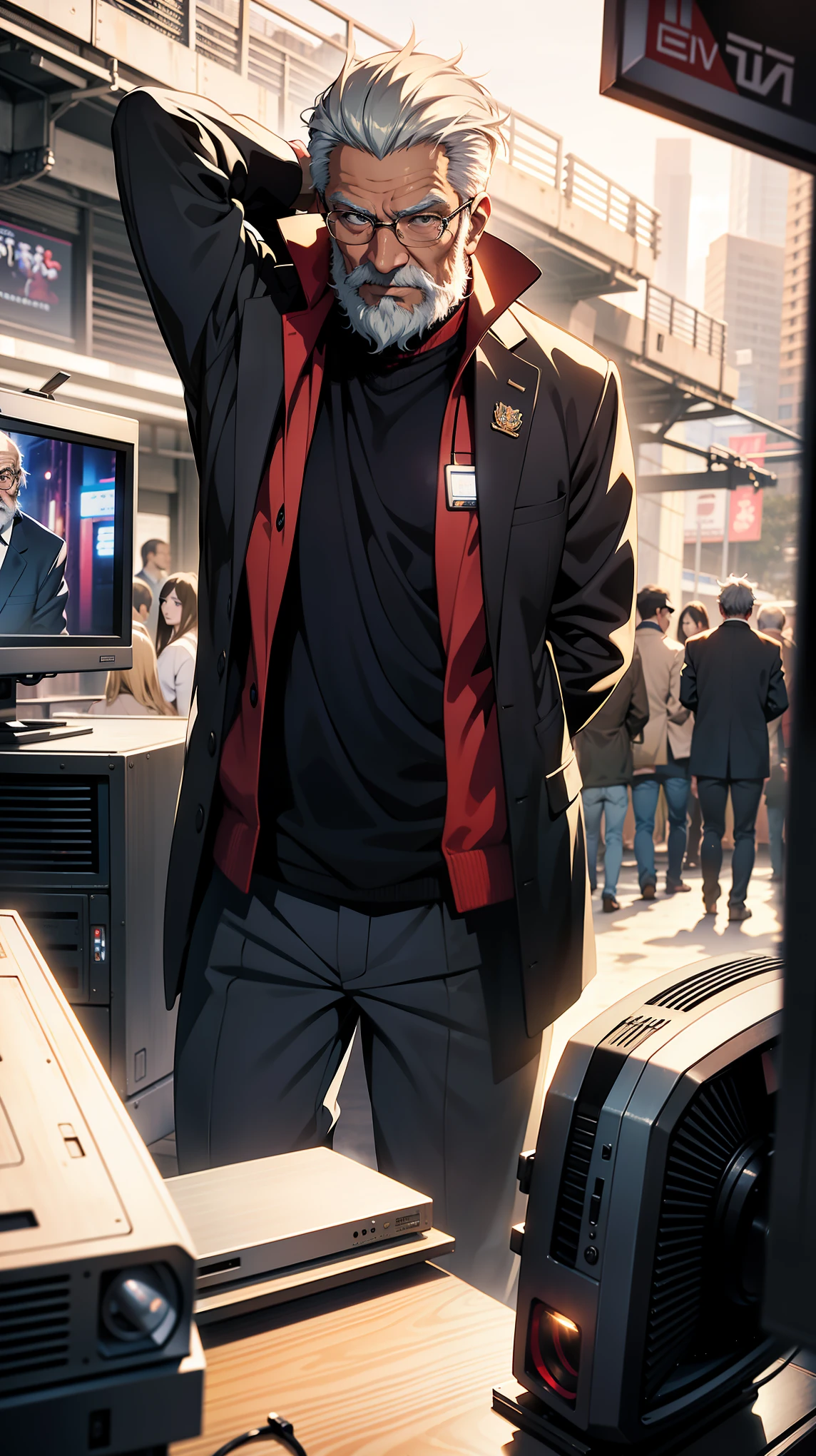 An old man,Handed me the design,Television, He is nearby, Anime handsome man, Looking at the audience, high resolution, Super sharp, 8K, masterpiece