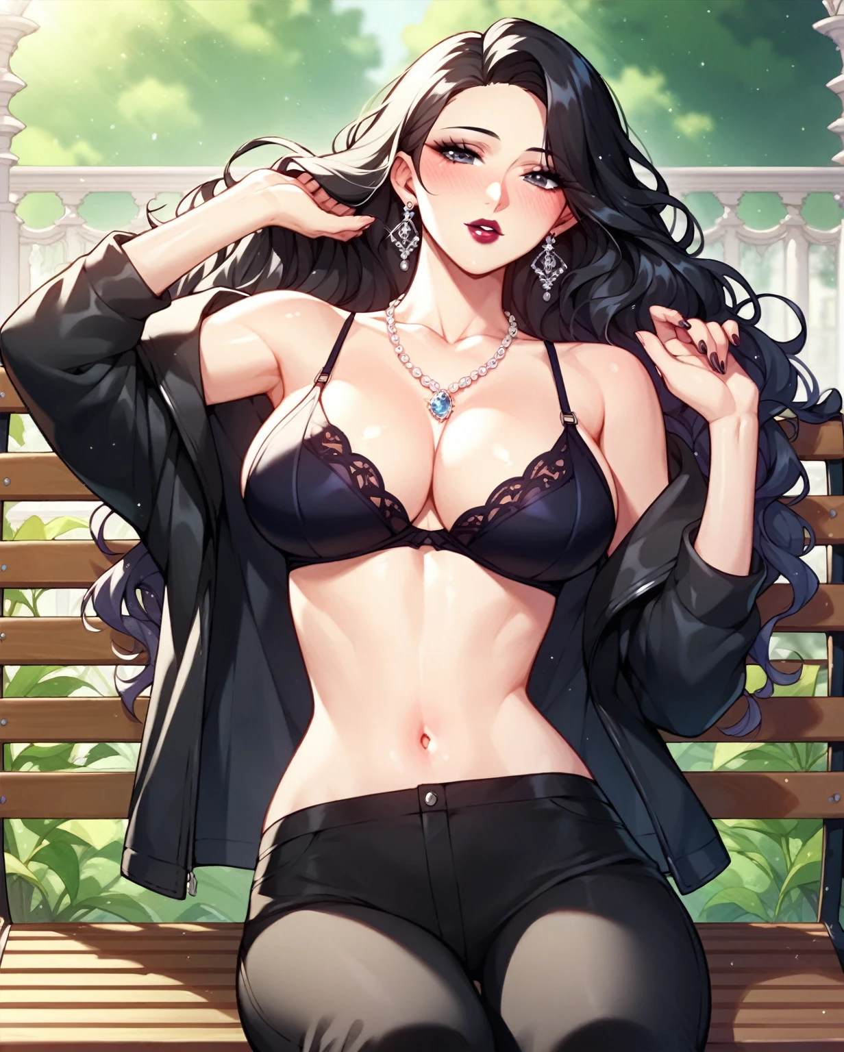 Hot sexy beautiful gothic milf ,big long silver chandelier  earrings,black hair,blush,black  eyes, necklace ,wavy blunt hair, lipstick,big
 breasts , jacket,bra,thongh pants lying on bench in garden