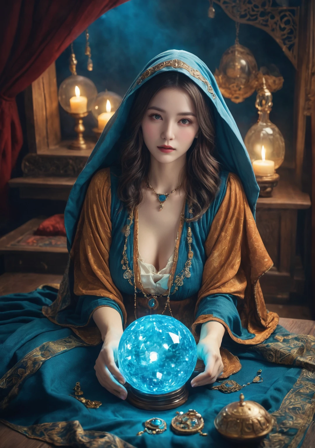 Overall body orientation: frontal. Female fortune teller. Charming, beautiful and mysterious. She wears a blue cloak over her head and has a clear face. The background is bright and glittering. The atmosphere is full of anxiety and anticipation. The fortuneteller is standing. He holds a crystal ball in each hand. The lighting in the room is bright, creating a fantastic atmosphere. Top image quality, 4K or 8K resolution. The level of detail is very fine and photorealistic. Artistic style should reflect the aesthetic of the formula with bright colors and strong contrasts. The color palette should emphasize the mysterious and mystical theme of the piece. The fortune teller's cloak is decorated with metal trim and intricate designs, with a thickness ratio of 1.5 The overall mood is stellar and fantastical. The fortune teller's expression should evoke mystical interest. There is no one there but the fortune teller.