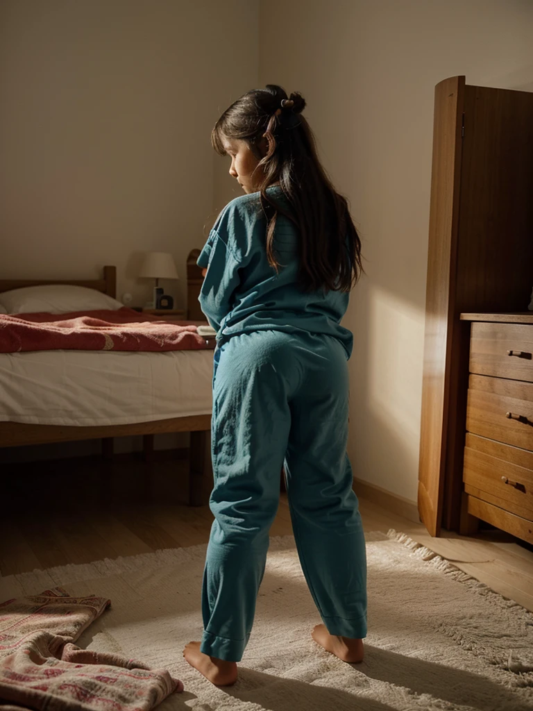 indigenous grils from a tribre from bazil, 12 year old girl standing in a bed on small bedroom foto from back, crouched leaning forward, at night, wearing pijamas