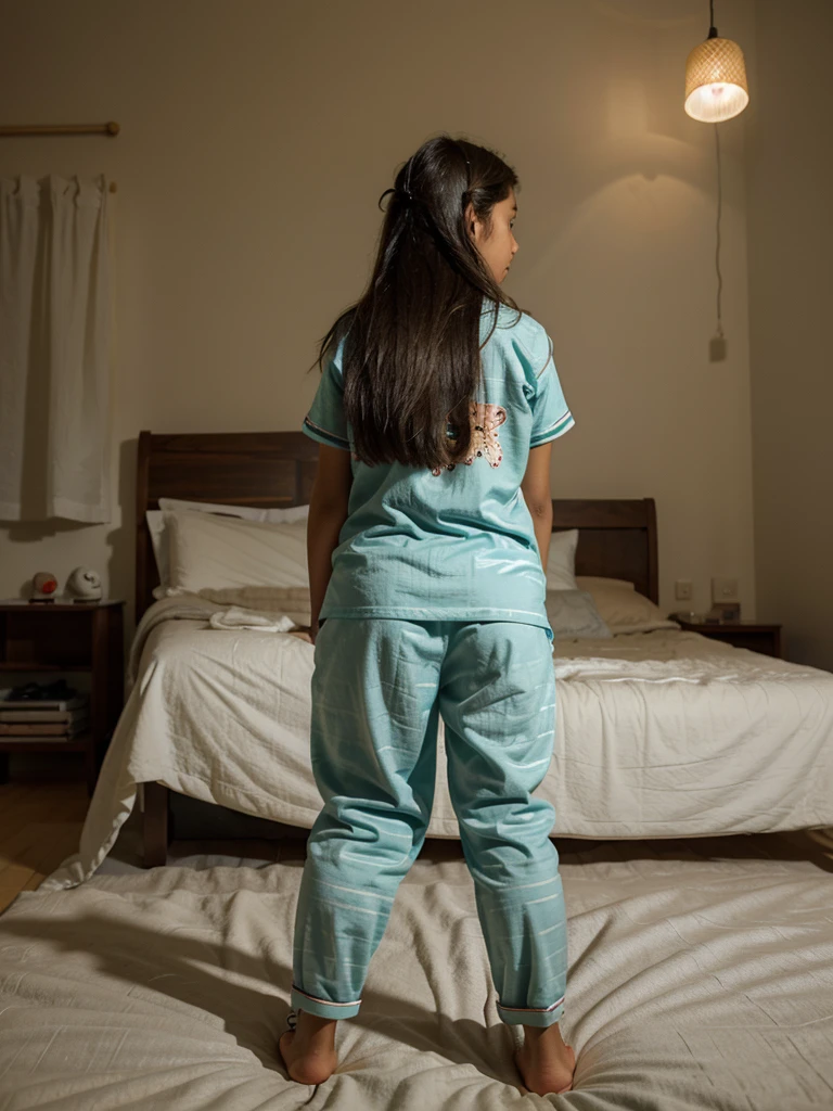 indigenous grils from a tribre from bazil, 12 year old girl standing in a bed on small bedroom foto from back, crouched leaning forward, at night, wearing pijamas
