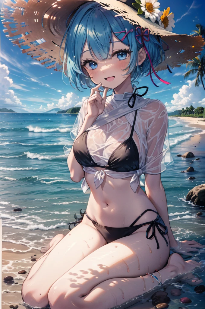 rezeroRem, Rem, blue eyes, Blue Hair, hair ornaments, Hair on one eye, Hair Ribbon, short hair, x hair ornaments,Straw hat,,happy smile, smile, Open your mouth,blush,See-through red shirt,Bikini under clothes,barefoot,barefoot,walking,whole bodyがイラストに入るように,
break outdoors, Beach,Sandy Beach,
break looking at viewer, whole body,
break (masterpiece:1.2), Highest quality, High resolution, unity 8k wallpaper, (shape:0.8), (Beautiful attention to detail:1.6), extRemely detailed face, Perfect lighting, extRemely detailed CG, (Perfect hands, Perfect Anatomy),