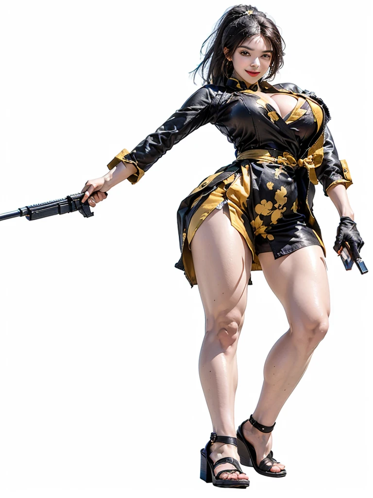 (Top quality,Ultra HD,lifelike: 1.4)(Cowboy Shooter 1),Beautiful armed girl, (K-Pop Idol) ,Detailed face,opposition,Perfect anatomy,Smooth skin,Professional lighting, ((Wearing black and gold short qipao,Black high heels,Wear a high ponytail,Black gloves,Black cloth tied around legs),Victory in battle,Smile of victory(background,Destroyed buildings,Fire, (Huge explosion) ) ,Full body close-up,Turn your back to the audience (Holding weapon, Holding rifle, Purposeing, Purpose:1.2), gun, H&k hk416, 马gun, Fire,