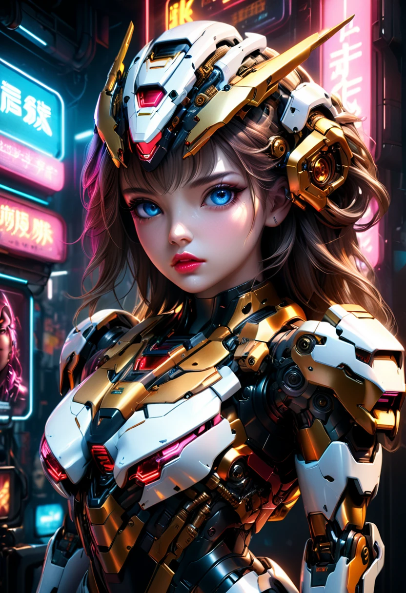 A photorealistic portrait of a beautiful 20-year-old girl wearing a red, gold, black and white off-shoulder sci-fi armor, her entire body is shown, looking directly at the viewer, (full body:1.5), in a futuristic sci-fi setting with mecha elements, (best quality,4k,8k,highres,masterpiece:1.2),ultra-detailed,(realistic,photorealistic,photo-realistic:1.37),detailed eyes,detailed lips,extremely detailed face,long eyelashes,intricate mecha details,advanced technology,neon lights,cinematic lighting,vibrant colors,dramatic shadows,provocative pose